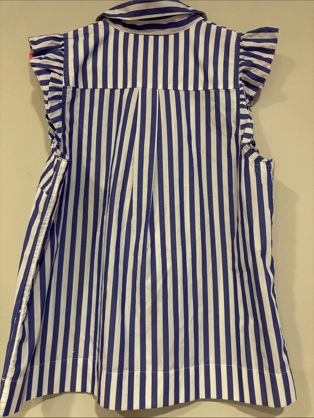 J. Crew Blue and White Striped Ruffle Sleeveless Button-Down Shirt